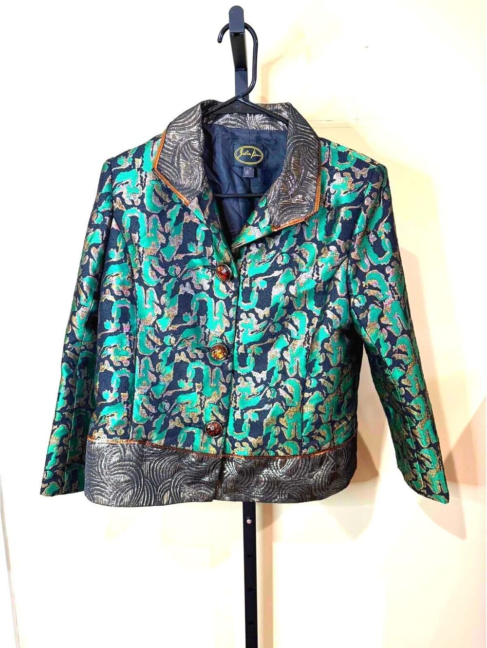PS Women's Green and Black Patterned Button-Up Jacket with Metallic Accents
